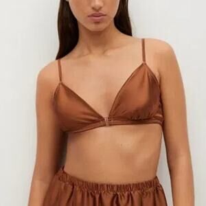 Mango Ruched Satin Bra Adjustable Straps Gathered Detail Brown Size Small